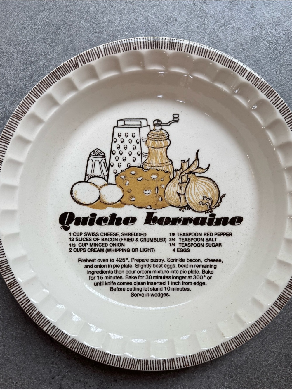 Vintage Quiche Lorraine Decorative Ceramic Pie Plate - Cream and Brown